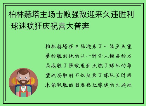 柏林赫塔主场击败强敌迎来久违胜利 球迷疯狂庆祝喜大普奔