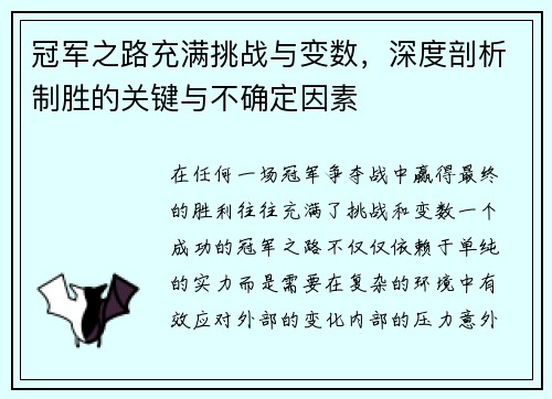 冠军之路充满挑战与变数，深度剖析制胜的关键与不确定因素